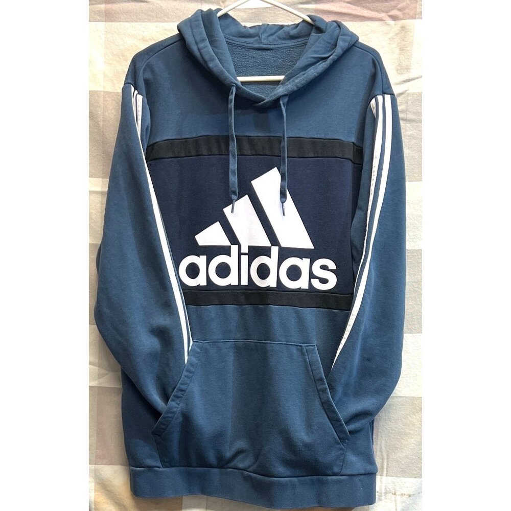 Adidas Men’s Blue & White Logo Hoodie Sweatshirt Drawstring Pockets